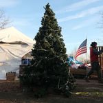 A man carries a pallet past a Christmas tree outside a distribution relief tent for those affected by Sandy